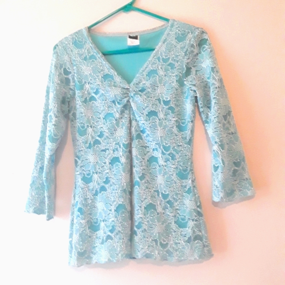 Floral Blue Blouse w/ Lace Sleeves